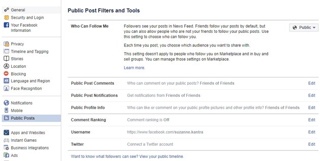 Configuración de privacidad de los seguidores de Facebook