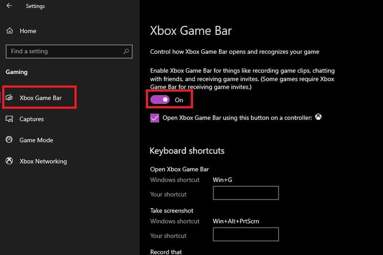 Captura de pantalla de configuraciÃ³n de la barra de juegos de Xbox