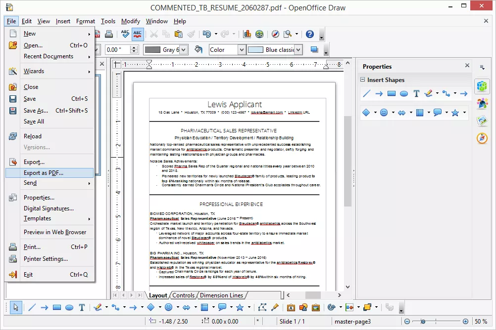 Opción Exportar a PDF en OpenOffice Draw